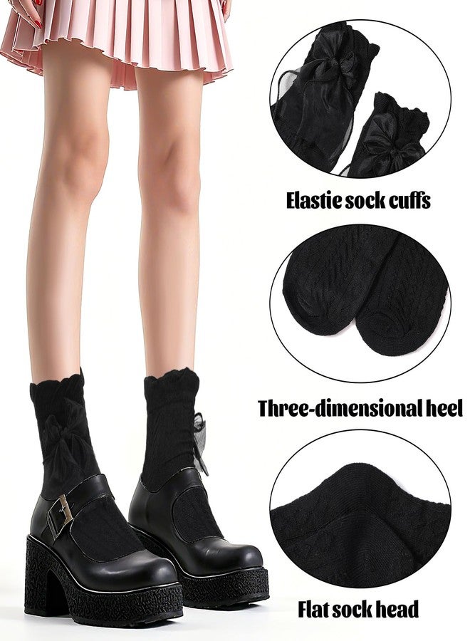 Nogeqi 2 Pairs Ruffle Socks with Bow, Cute Princess Lolita Frilly Socks for Women Girls, Breathable Cotton Lace Ankle Sock for Women(Black, White) - Image 2